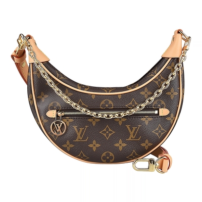 LOUIS VUITTON路易威登 LV M81098 Loop花紋LOGO雙背帶設計Monogram帆布鍊帶手及斜背彎月包(咖啡)