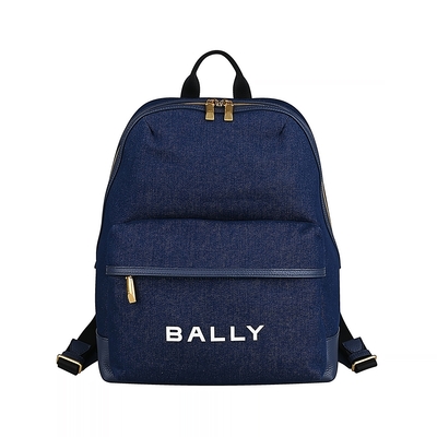 BALLY Bar字母LOGO帆布拼接牛皮後背包(深藍)