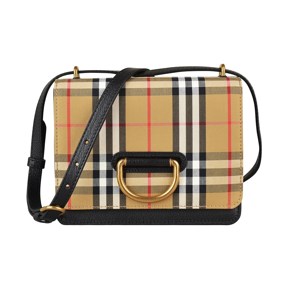 BURBERRY 巴寶莉  SM D-RING金字壓印LOGO金D扣復古格紋設計帆布牛皮飾邊翻蓋斜背包(黑)