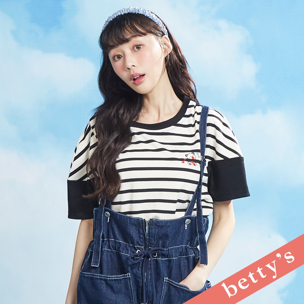 betty’s貝蒂思　愛心小熊刺繡條紋拼接T-shirt(黑色) (黑色)