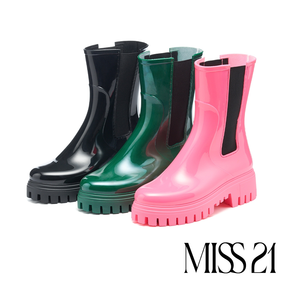 雨靴MISS 21 經典日常純色切爾西厚底中筒雨靴－綠| 中筒靴| Yahoo購物中心