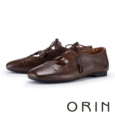 ORIN 打蠟羊皮復古雕花綁帶牛津鞋 咖啡