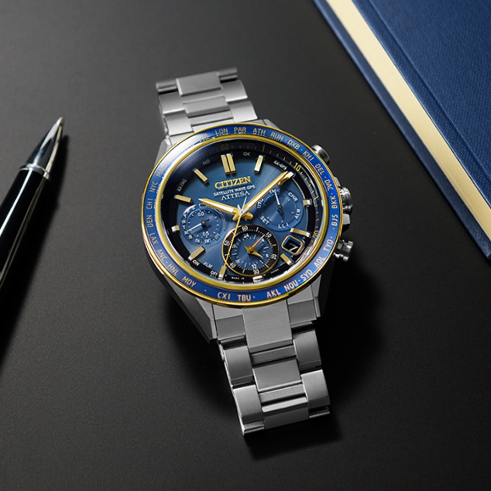 星海 CITIZEN 星辰GENTS限量光動能GPS衛星對時鈦金屬計時腕錶-藍44.6mm