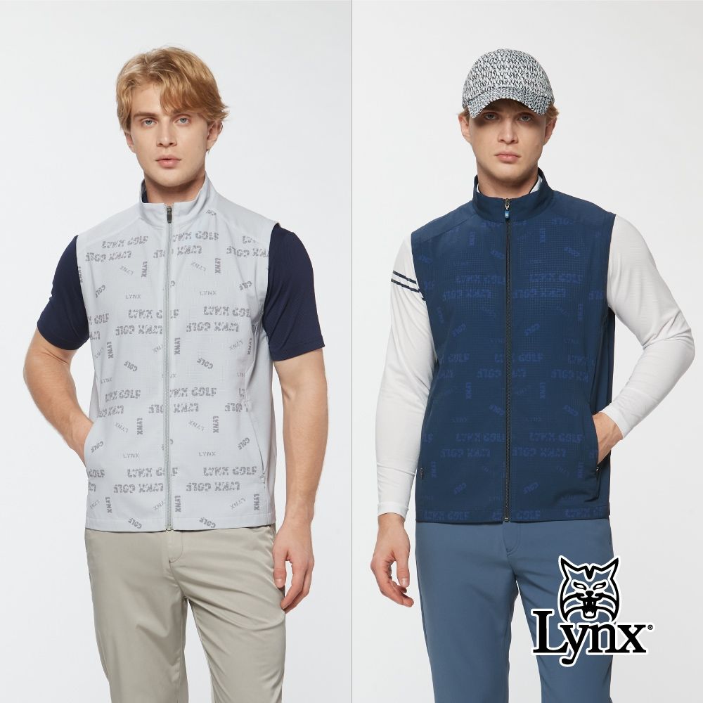 【Lynx Golf】男款四面彈性吸濕排汗環保紗線塗鴉感印花立領背心(二色) (灰色)