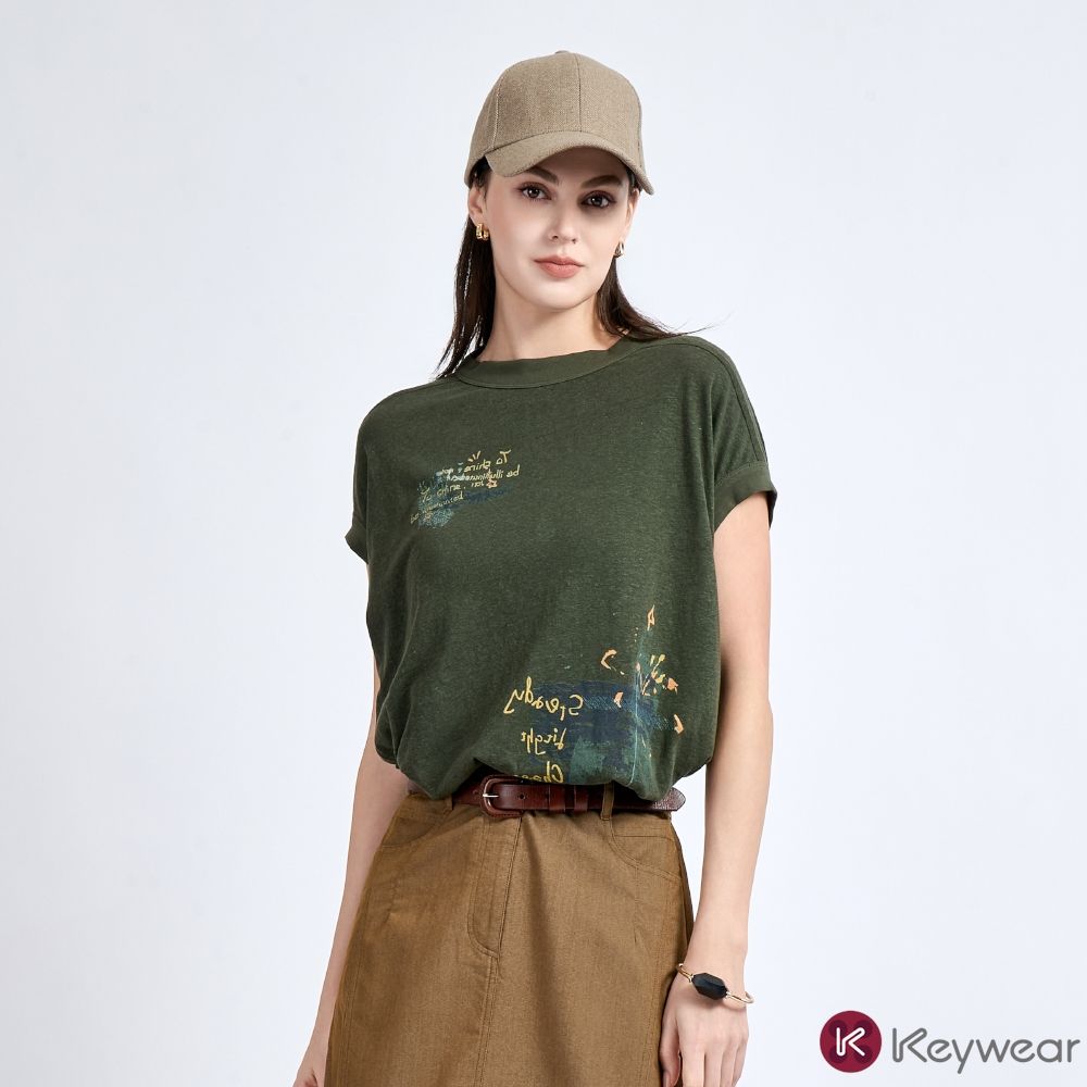KeyWear奇威名品      文字印花垂袖上衣-綠色