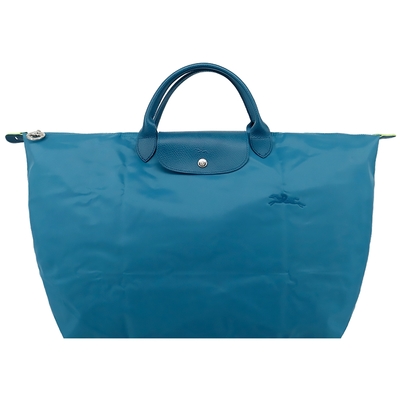 LONGCHAMP LE PLIAGE GREEN系列刺繡短把再生尼龍摺疊旅行袋(大/孔雀藍)