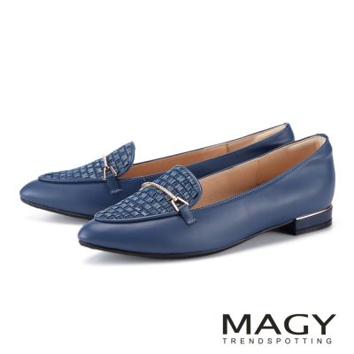 MAGY 拼接材質馬銜釦樂福平底鞋 藍色