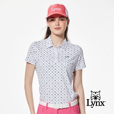 【Lynx Golf】女款吸濕排汗滿版高爾夫元素印花短袖POLO衫/高爾夫球衫-白色