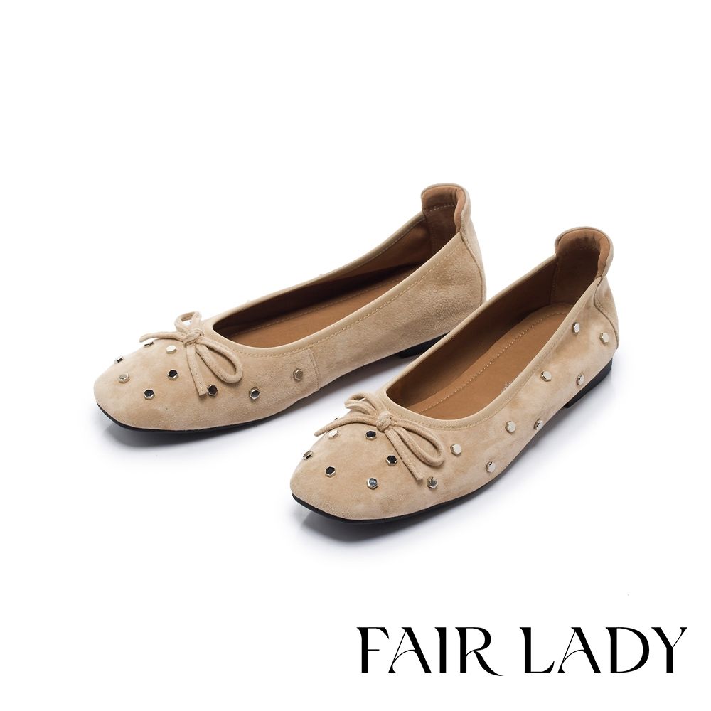FAIR LADY 優雅小姐 法式幾何鉚釘蝴蝶結方頭娃娃鞋 杏 (5R3257)