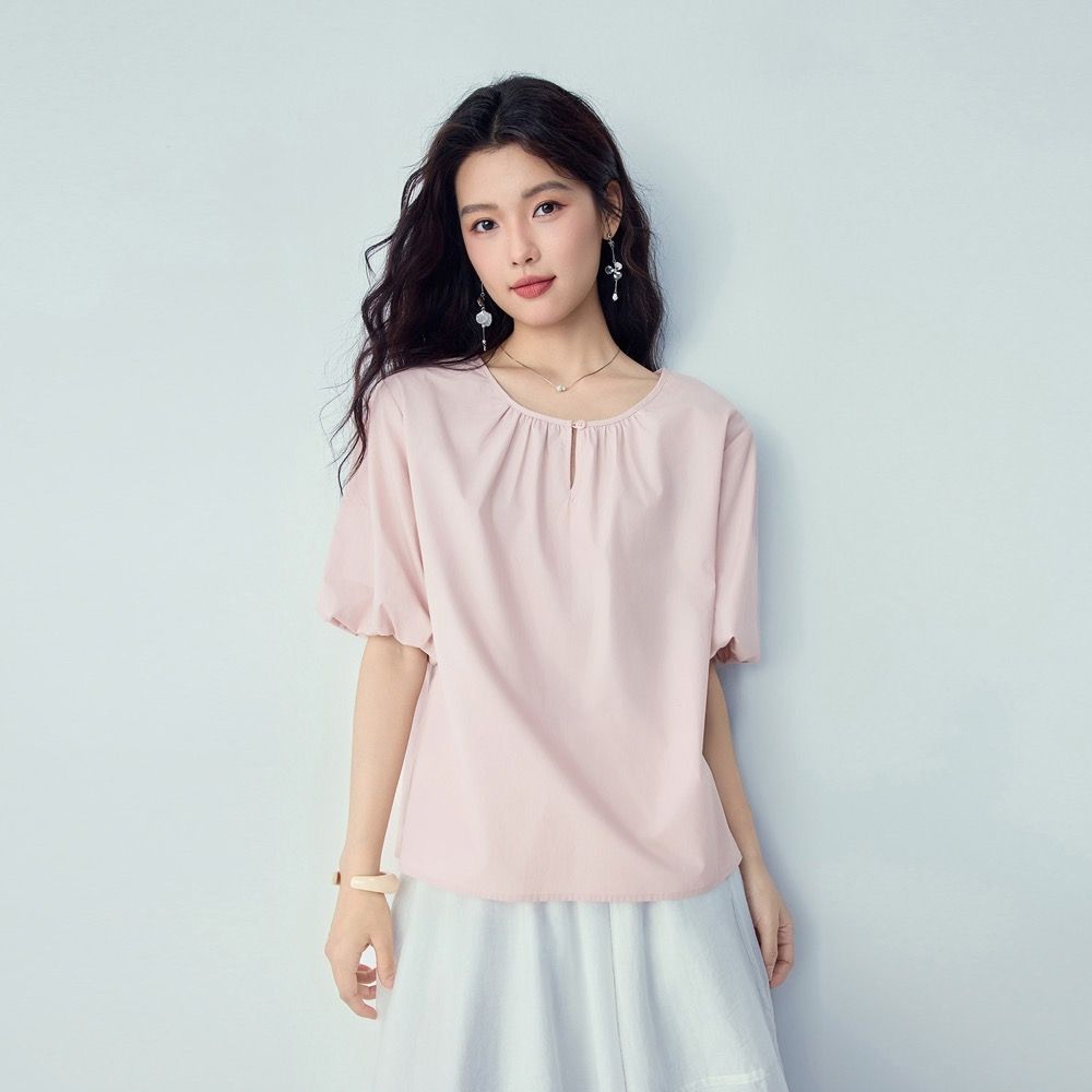 GIORDANO 女裝兩穿式澎澎袖短袖襯衫【雙色任選】 (22 果肉粉)