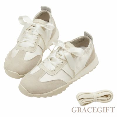 【Grace Gift】甜感少女2WAY緞帶芭蕾休閒鞋 杏