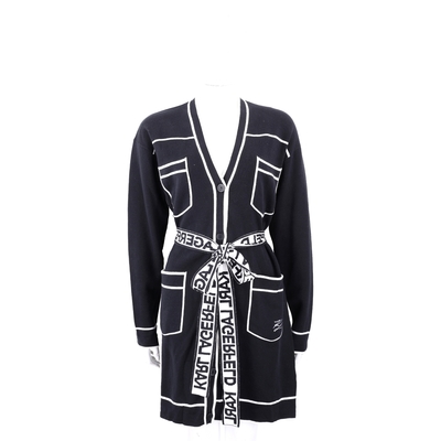 KARL LAGERFELD 撞色口袋字母黑色羊毛混紡綁帶開襟針織衫 外套