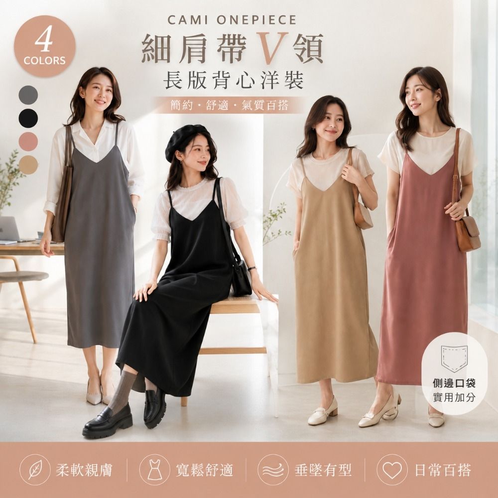 【Amore】日系簡約吊帶洋裝 細肩質感顯瘦長裙 4色
