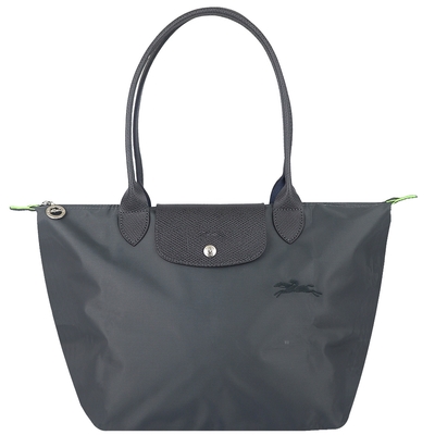 Longchamp LE PLIAGE 紫灰色再生尼龍皮邊刺繡折疊長把水餃包(中)