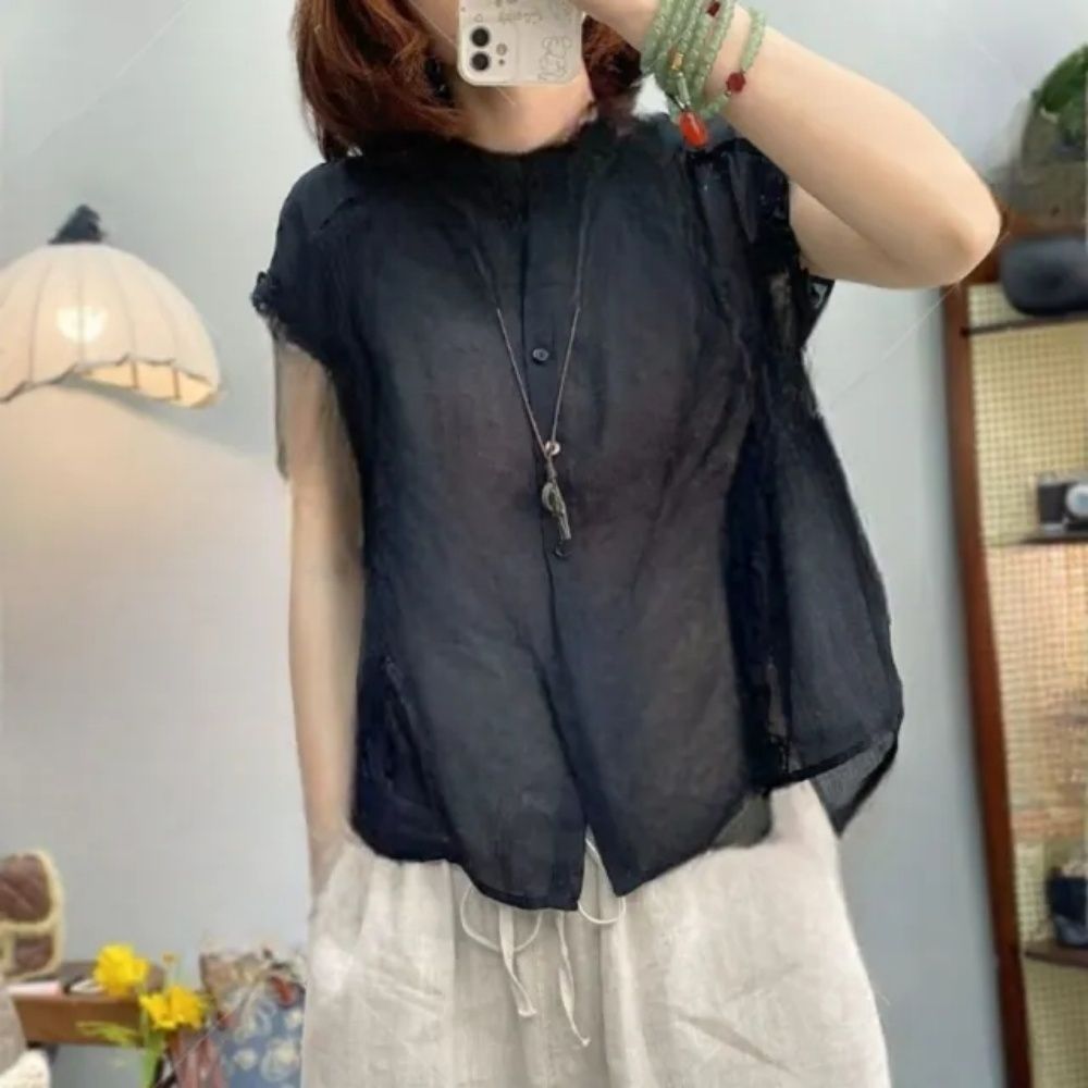 【LANNI 藍尼】★輕透荷葉邊棉麻感襯衫(女裝/女上衣/休閒/優雅/日系/通勤) (黑)