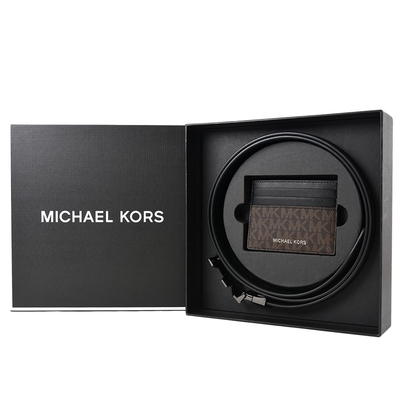MICHAEL KORS 男款 鐵灰MK緹花LOGO防刮雙面用皮帶/名片夾禮盒-咖啡色/黑