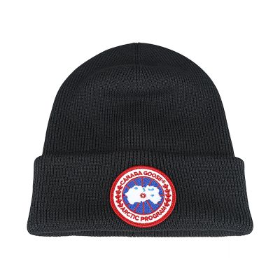 CANADA GOOSE 北極地形圓LOGO設計羊毛螺紋毛帽(黑)