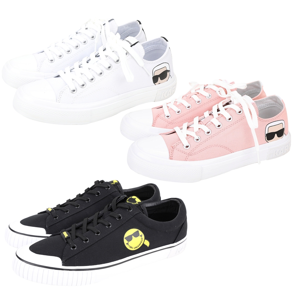KARL LAGERFELD KAMPUS III x Smileyworld 卡爾人像/笑臉繫帶帆布鞋-多款可選 (卡爾人像拼皮革-女款白色)