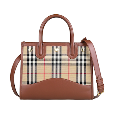 BURBERRY Title內裡燙金LOGO都市格紋設計帆布拼小牛皮釦帶式手提斜背包(駝x米格紋)