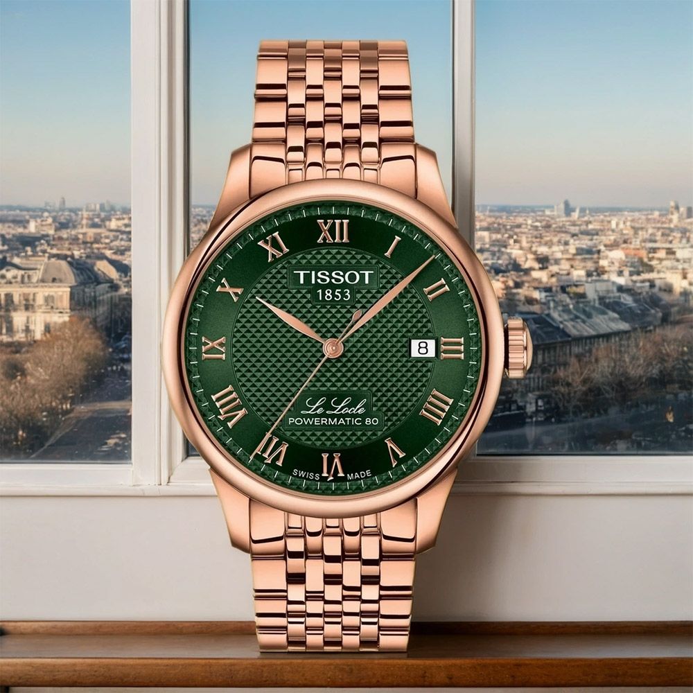 TISSOT 天梭 官方授權 T006.407.33.093.00 Le Locle 80小時動力儲存機械錶 七夕浪漫購 送禮首選-綠x玫瑰金/39.3mm T0064073309300