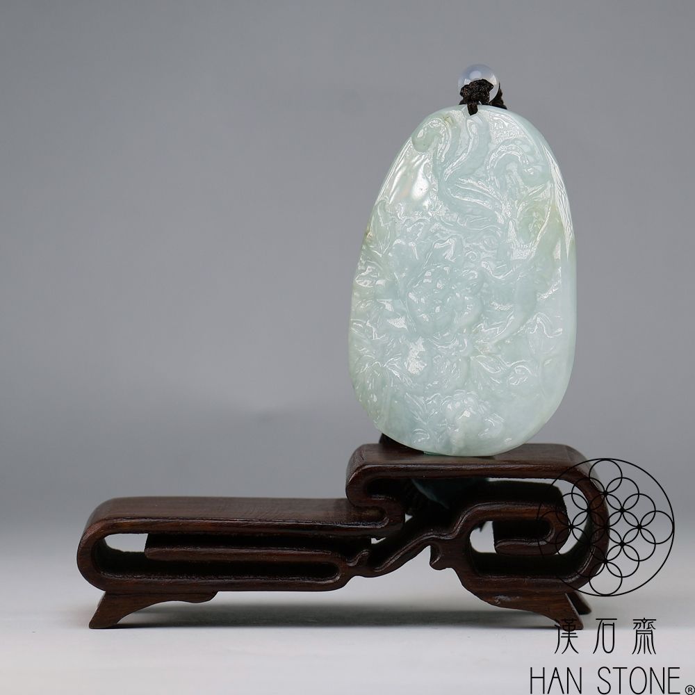 漢石齋】天然翡翠A貨鳳凰牡丹玉佩吊墜飄花種帶黃翡(40*54*6mm) | 漢石