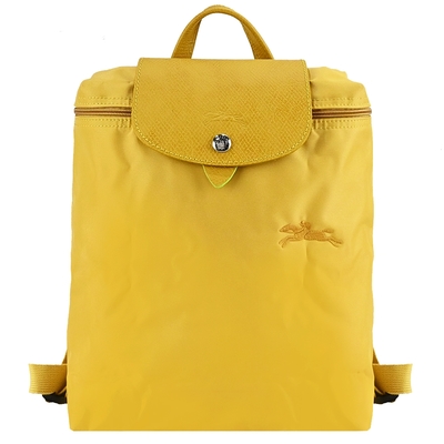 LONGCHAMP LE PLIAGE GREEN系列刺繡再生尼龍摺疊後背包(中/粉黃)