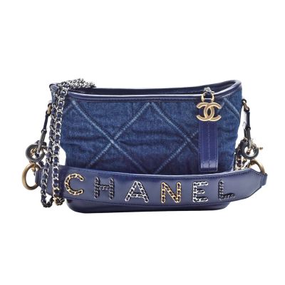 CHANEL 經典菱格紋GABRIELLE復古丹寧金銀字母背帶手提/斜背HOBO包(小-丹寧藍)