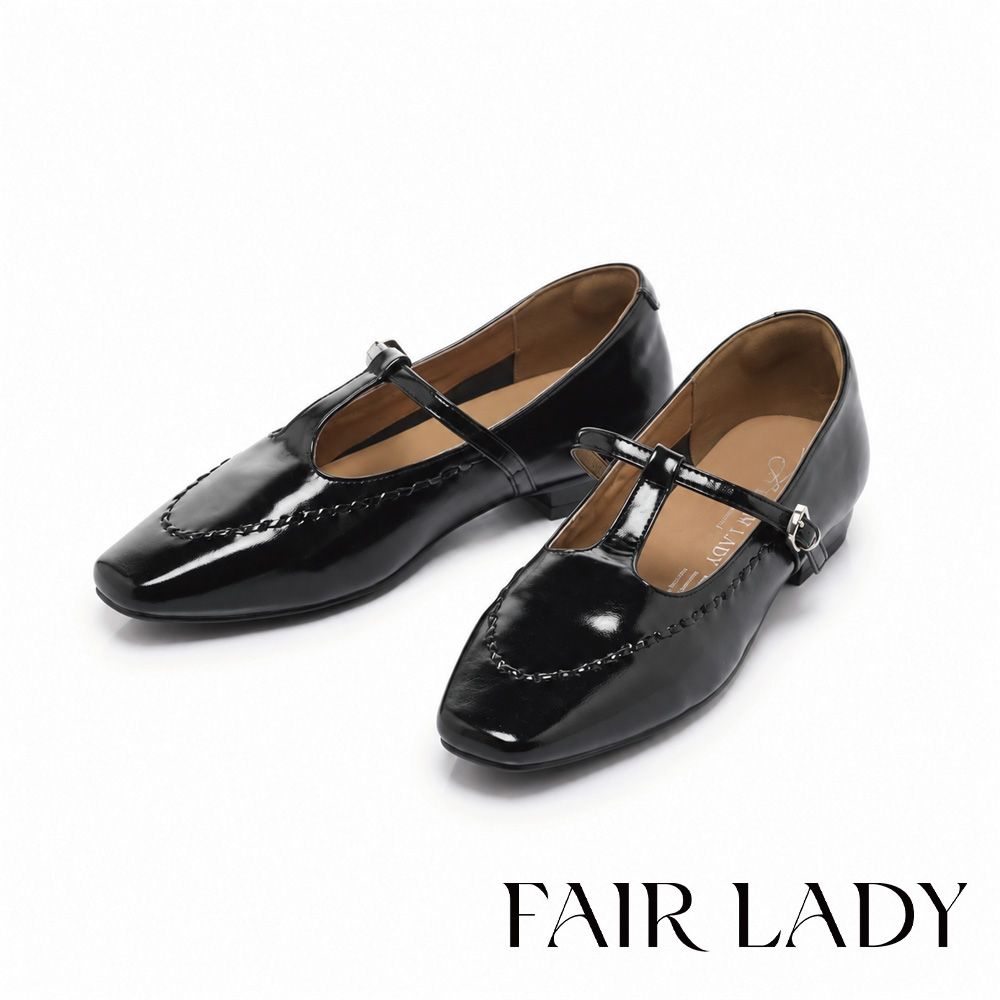 FAIR LADY 小時光 復古T字方頭瑪麗珍鞋 黑 (5E3210)