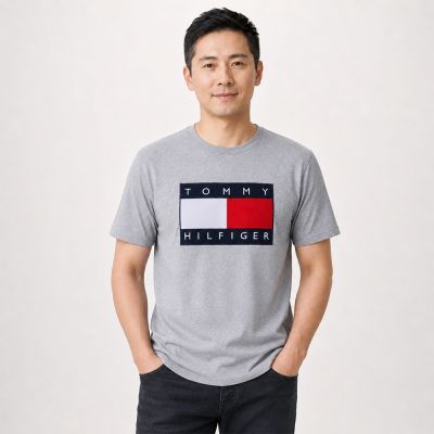 TOMMY 熱銷刺繡大Logo圖案短袖T恤-灰色