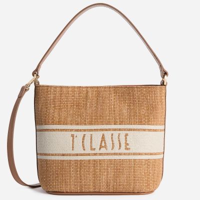 Alviero Martini 義大利地圖包 渡假編織側揹水桶包21cm-咖啡色