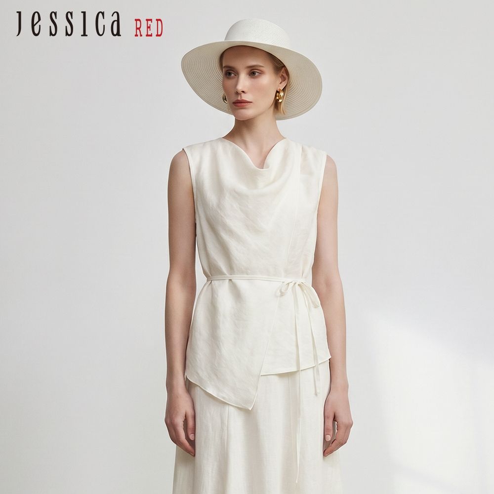 JESSICA RED - 氣質天絲亞麻垂墜領無袖上衣R63306（白）
