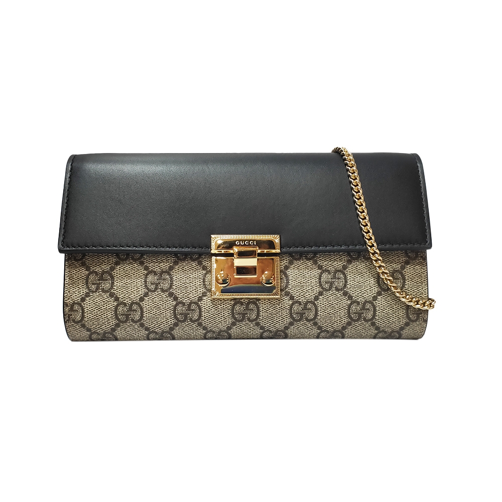 【GUCCI 古馳】779774 經典Padlock雙G LOGO牛皮拚帆布鏈帶WOC斜背手拿包(帆布-黑色)