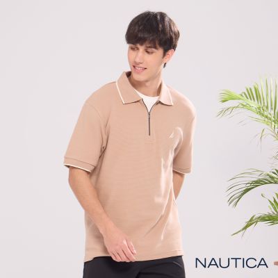 Nautica 官方旗艦 男裝 半襟拉鍊休閒短袖POLO衫-灰粉色