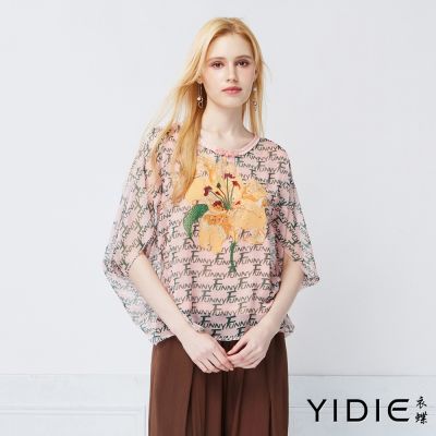 YIDIE衣蝶 字母燙鑽印花假兩件飛鼠袖雪紡上衣-粉