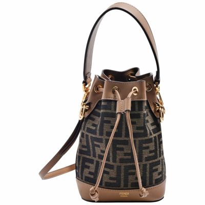 FENDI 經典Mon Tresor系列FF LOGO提花帆布手提/水桶包(小號-棕色)