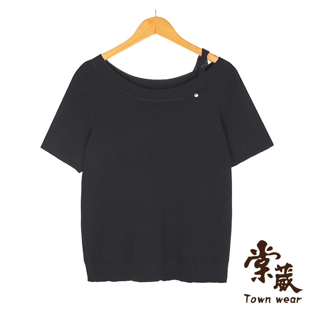 【TOWNWEAR棠葳】素雅蕾絲露肩針織衫 3色(女上衣/女上著/短袖/素色/拼接/百搭) (黑色系)