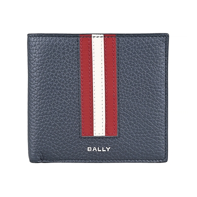 BALLY Ribbon經典銀字LOGO質感牛皮紅白紅嵌花8卡對開短夾(男款/午夜藍)