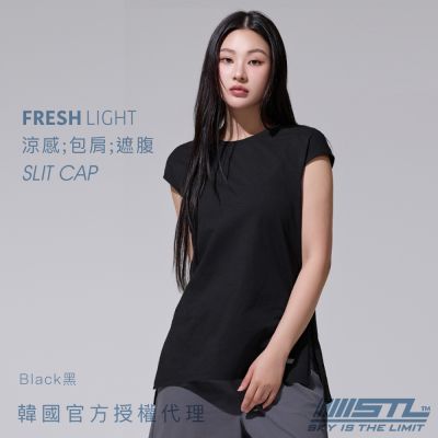 STL yoga 韓國瑜伽 FRESH light Slit Cap 涼感 2分包袖 女 運動 長版 蓋臀 短袖 上衣／Black黑