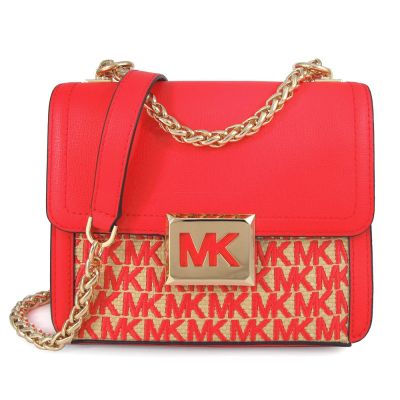 MICHAEL KORS Sonia 金字鏤空MK磁扣藺草繡線Logo珊瑚紅色皮革金鏈斜背包(新品瑕疵)