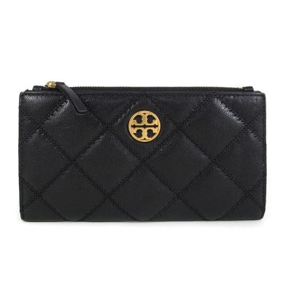 TORY BURCH WILLA 金屬圓標鏤空雙T LOGO刷舊絎縫皮革長夾(黑色)