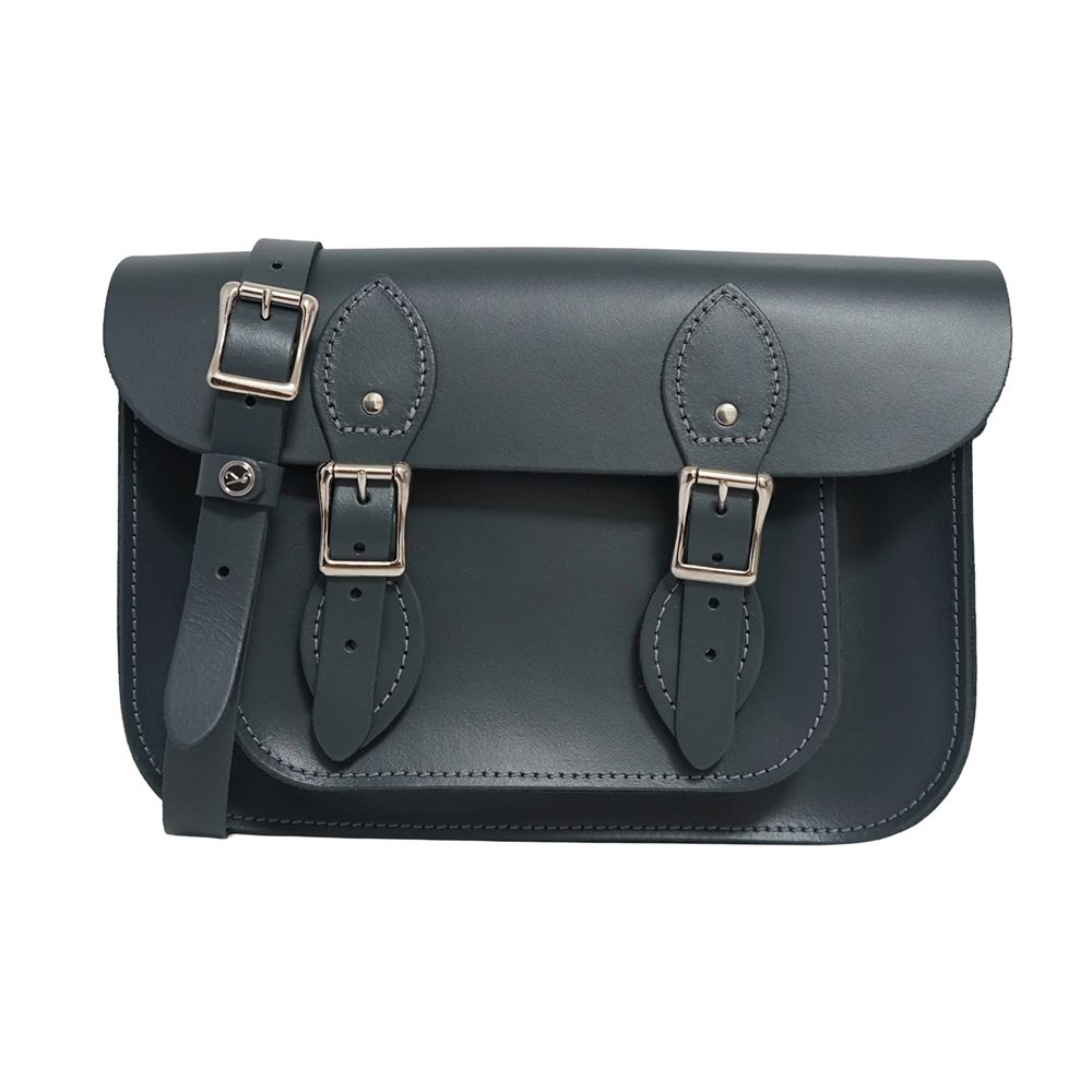 The Leather Satchel Co. 11吋 英國手工牛皮劍橋包 肩背包 側肩包 手拿包 磁釦與皮帶固定環貼心設計 (大象灰)