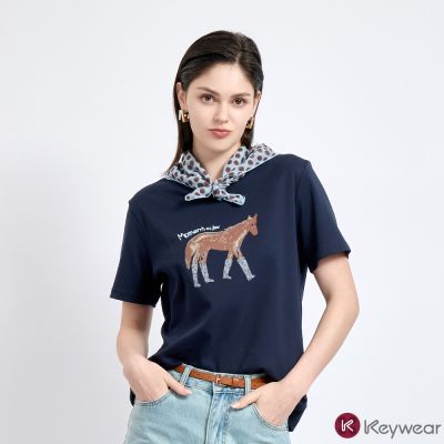 KeyWear奇威名品 法式小馬印花T恤短袖上衣(共2色)-藍色
