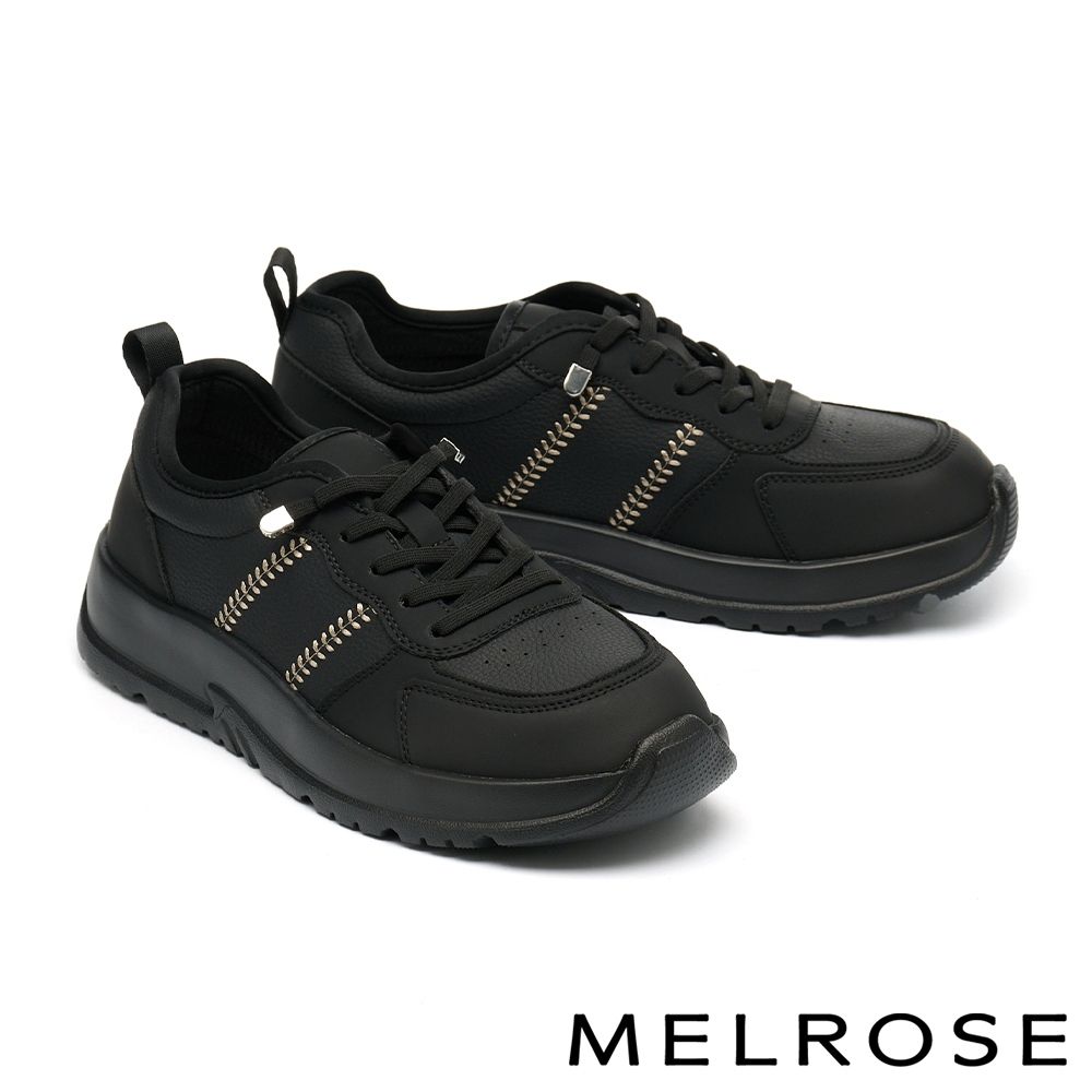 休閒鞋 MELROSE 美樂斯 簡約率性麥穗繡線牛皮彈力鞋帶厚底休閒鞋－黑