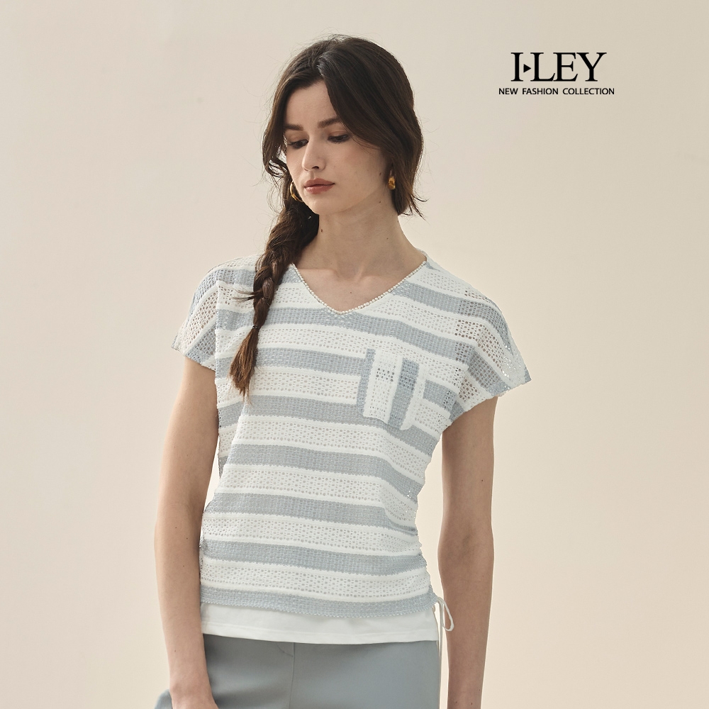 ILEY伊蕾 簡約網格條紋假兩件上衣(白；M-XL)