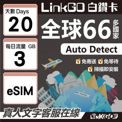 LINKGO白鑽卡 全球66國 eSIM卡 20天上網絡卡 每日3GB(全球網絡卡 亞洲 歐洲 美洲 大洋洲 非洲)