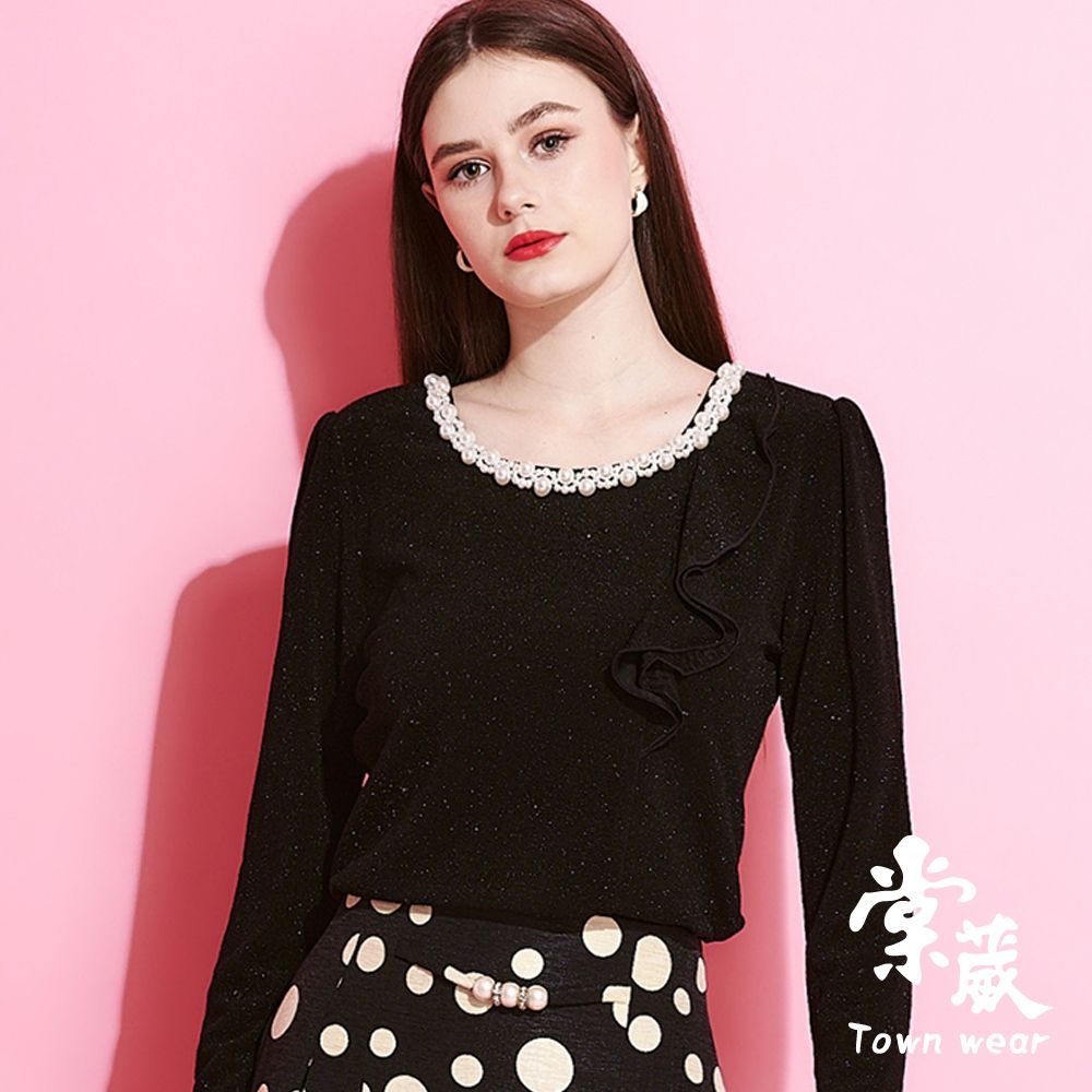 【TOWNWEAR棠葳】質感細格紋修身上衣(中大尺碼/女上衣/女上著/套裝/棉質/素色/長袖/珍珠/宴會/聚餐) (黑色系)