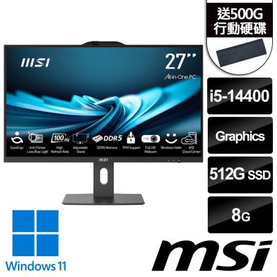 (送500G行動碟)MSI微星 PRO AP272P 14M-632TW 27吋 黑 液晶電腦 (i5-14400/8G/512G SSD/Win11/黑)