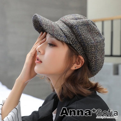AnnaSofia 文藝絮彩線格 混羊毛報童帽鴨舌帽貝蕾帽(墨咖系)
