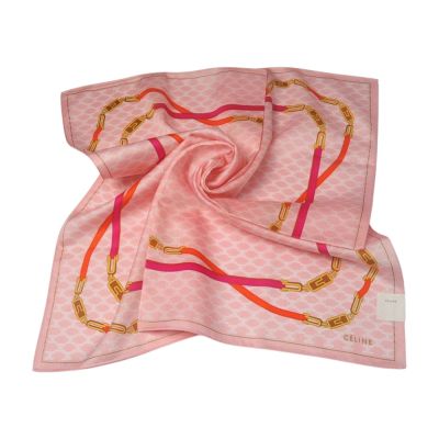 CELINE 繽紛經典花紋圖騰LOGO粉紅色皮搭鍊條字母標誌棉質大帕領巾(58CM)