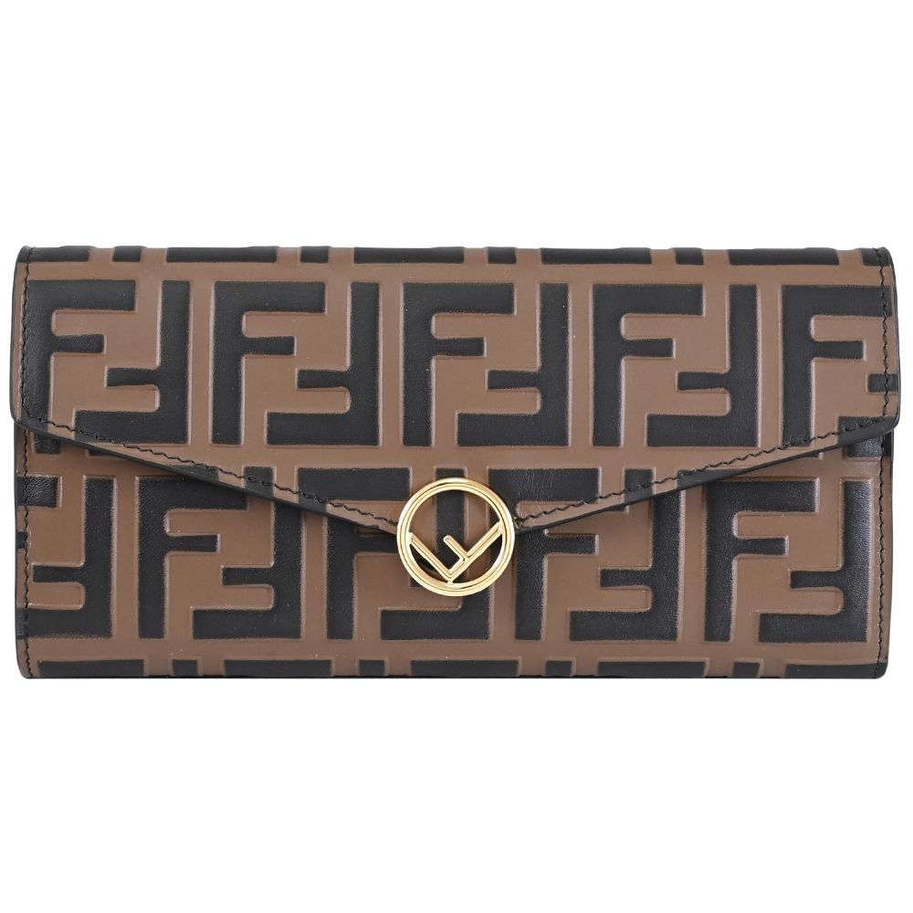 FENDI 立體壓花FF LOGO撞色牛皮翻蓋釦式長夾(深咖)